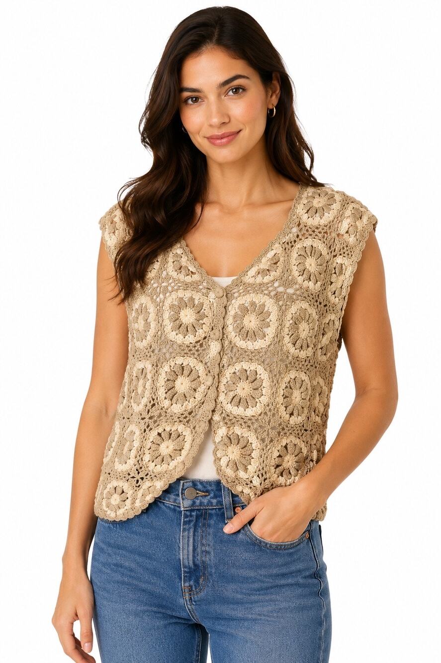Vintage ‘90s Kroshetta Cream & Beige Crocheted Floral Pattern Sweater Vest